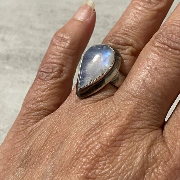Genuine Pear Shape Moonstone Bezel Set Wide 925 Sterling Silver Band Ring 6.75 - Picture 2 of 10